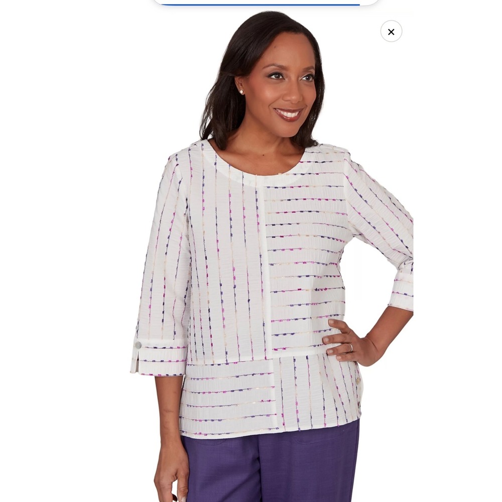 Alfred Dunner White Textured Stripe 3/4 Sleeve Top Purple Accents Size S NWT